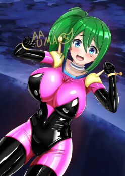 1girl artist_name black_background blue_background blue_eyes bodysuit breasts character_request collarbone cosplay green_hair highres large_breasts long_hair multicolored_background pink_bodysuit rain_mikamura rain_mikamura_(cosplay) side_ponytail standing uma_mordida