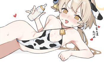1girl alternate_costume animal_ears animal_print bare_shoulders bell blonde_hair blue_archive blush bottle cow_ears cow_print cowbell fake_animal_ears flat_chest hanakonenne hifumi_(blue_archive) highres holding loli looking_at_viewer lying milk_bottle open_mouth simple_background smile solo swimsuit translation_request white_background yellow_eyes