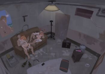 2boys 2girls absurdres age_difference bar_censor bkbbkbkk blush breasts cellphone censored chaos_(yui_yuu) commentary completely_nude couch cum english_commentary flat_chest hetero highres loli multiple_boys multiple_girls night nipples nude original penis phone pussy recording sex short_hair small_breasts spread_legs thighhighs vaginal white_thighhighs