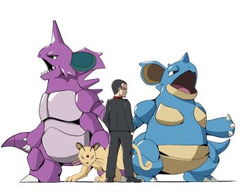 1boy black_hair black_jacket black_pants black_shoes closed_mouth gen_1_pokemon giovanni_(pokemon) hand_in_pocket hashtag-only_commentary highres jacket long_sleeves looking_at_viewer looking_back male_focus nidoking nidoqueen nintendo pants persian_(pokemon) pokemon pokemon_(creature) pokemon_lgpe psaber97 red_shirt shirt shoes short_hair smile white_background