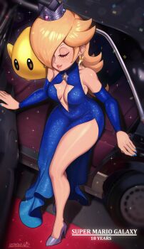 1girl absurdres alternate_costume bare_shoulders blonde_hair blue_dress blue_nails blush breasts car cleavage cleavage_cutout closed_eyes closed_mouth clothing_cutout confetti crown detached_sleeves dress earrings hair_over_one_eye high_heels highres jewelry large_breasts limousine long_hair long_sleeves luma_(mario) mario_(series) motor_vehicle nintendo red_carpet rosalina sarukaiwolf side_slit sleeveless sleeveless_dress smile star_(symbol) star_earrings stomach_cutout super_mario_galaxy thighs