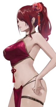 1girl alternate_costume bare_shoulders breasts chinese_clothes cleft_of_venus closed_mouth earrings flower from_side hair_flower hair_ornament hair_over_one_eye hand_on_own_hip j@ck jewelry kirijou_mitsuru large_breasts long_hair looking_ahead midriff navel pelvic_curtain persona persona_3 ponytail red_eyes red_hair red_loincloth revealing_clothes simple_background solo tassel thigh_strap white_background