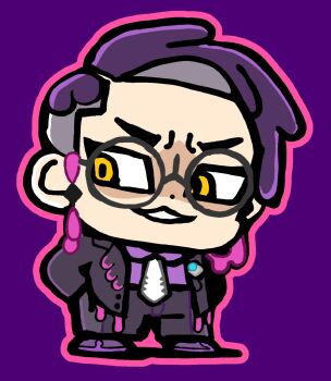 1boy bkub black-framed_eyewear black_jacket black_necktie black_pants black_shoes chibi chibi_only collared_shirt corbeau_(pokemon) full_body glasses grin highres jacket long_sleeves male_focus necktie nintendo open_clothes open_jacket outline pants pink_outline pokemon pokemon_legends:_z-a purple_background purple_hair purple_shirt round_eyewear shirt shoes short_hair simple_background smile solo standing yellow_eyes