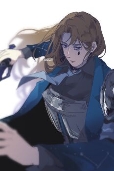 Rule 34 | 1girl, armor, black shirt, blue coat, blue eyes, blue necktie, blurry, blurry foreground, breastplate, brown hair, coat, collared shirt, commentary, constellation, e.g.o (project moon), english commentary, expressionless, facial tattoo, highres, holding, holding sword, holding weapon, lapels, limbus company, long hair, necktie, notched lapels, official alternate costume, open clothes, open coat, project moon, rapier, rodion (project moon), shirt, shoulder pads, solo, sword, tattoo, the sword sharpened with tears (e.g.o), unower s, upper body, weapon, white background