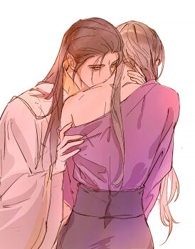 2boys brown_hair chinese_clothes facial_mark forehead_mark from_behind hand_on_another&#039;s_arm hand_on_another&#039;s_neck hanfu jun_wu kiss kissing_neck kkcoocool long_hair looking_at_viewer male_focus mei_nianqing multiple_boys purple_hanfu simple_background single_bare_shoulder sketch tianguan_cifu white_background white_hanfu yaoi
