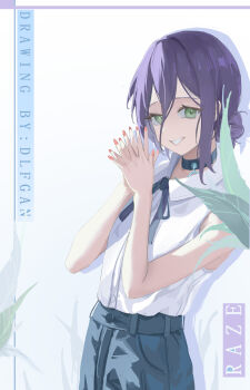 1girl absurdres artist_name black_choker black_ribbon blue_shorts chainsaw_man character_name chinese_commentary choker collared_shirt commentary dlfgan_z green_eyes grenade_pin hair_between_eyes hair_bun highres looking_at_viewer neck_ribbon purple_hair red_nails reze_(chainsaw_man) ribbon shirt shirt_tucked_in shorts sleeveless sleeveless_shirt solo teeth white_shirt