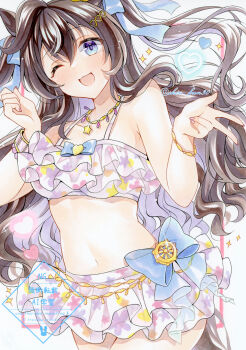 1girl absurdres animal_ears bikini bikini_skirt black_hair blush commentary_request floral_print floral_print_bikini frilled_bikini frills heart highres horse_ears horse_girl horse_tail long_hair looking_at_viewer mole mole_under_eye multicolored_hair navel official_alternate_costume official_alternate_hairstyle open_mouth pink_bikini print_bikini ruffle_bikini shin_kun30 smile solo streaked_hair swimsuit tail two_side_up umamusume vivlos_(eclat_d'ete)_(umamusume) vivlos_(umamusume) w white_streaks