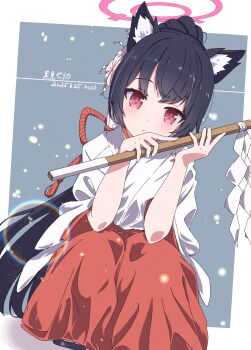 1girl :t absurdres animal_ear_fluff animal_ears artist_name black_hair blue_archive blush border cat_ears cat_girl character_name closed_mouth commentary_request dated dutch_angle film_grain foolforpriconne frown full_body gohei grey_background hair_ornament hakama halo hands_up highres holding holding_gohei japanese_clothes kanzashi kimono lens_flare light_particles long_hair long_sleeves looking_at_viewer miko official_alternate_costume official_alternate_hairstyle outside_border pink_halo ponytail red_eyes red_hakama red_pupils serika_(blue_archive) serika_(new_year)_(blue_archive) simple_background slit_pupils solo squatting very_long_hair white_border white_kimono wide_sleeves
