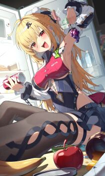 1girl absurdres ahoge apple arm_up armpits banana bare_shoulders black_skirt blonde_hair blush bottle breasts brown_thighhighs can chalky_(zenless_zone_zero) cissia_(zenless_zone_zero) commentary detached_sleeves food fruit grapes hair_between_eyes hair_ornament hairclip hand_up head_tilt highres holding holding_can holding_food holding_fruit indoors large_breasts long_hair maeru metal_wrist_cuffs miniskirt open_mouth pink_nails pom_pom_(clothes) pom_pom_hair_ornament red_eyes refrigerator sitting skirt snake snake_girl snake_tail soda tail thighhighs underboob white_snake zenless_zone_zero