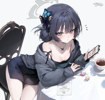 1girl alternate_costume alternate_hairstyle black_dress black_hair black_jacket blue_archive butterfly_hair_ornament cellphone chair cup dress freng hair_ornament halo highres holding holding_phone holding_spoon jacket kisaki_(blue_archive) looking_at_viewer on_chair open_clothes open_jacket phone simple_background sitting smartphone solo spoon sugar_cube white_background