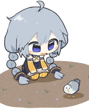 1girl :d ahoge bird black_dress blue_eyes blush_stickers braid chibi chibi_only commentary double-parted_bangs dress elbow_gloves fingerless_gloves full_body gloves grey_hair hair_between_eyes highres kizuna_akari konohoshi long_hair neck_ribbon open_mouth orange_gloves orange_pantyhose orange_ribbon pantyhose ribbon seiza short_sleeves simple_background sitting smile solo striped_clothes striped_gloves striped_pantyhose symbol-only_commentary twin_braids vocaloid voiceroid white_background