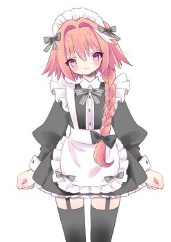 Rule 34 | 1boy, androgynous, astolfo (fate), astolfo (rider) (fate), black bow, black garter straps, black thighhighs, blush, bow, braid, commentary request, cowboy shot, dress, fang, fate/apocrypha, fate (series), frilled dress, frills, garter straps, hair bow, hair intakes, highres, long hair, maid, maitou, male focus, multicolored hair, multiple hair bows, open mouth, pink hair, purple eyes, simple background, single braid, skin fang, smile, solo, streaked hair, thighhighs, white background, white hair, zettai ryouiki