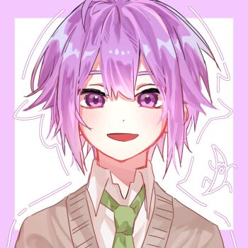 1boy :d ahoge banana blush border brown_cardigan brown_sweater cardigan collared_shirt eerika1114 food fruit green_necktie hair_between_eyes highres kamishiro_rui looking_at_viewer male_focus necktie open_mouth outline outside_border pink_border portrait project_sekai purple_eyes purple_hair shirt short_hair smile solo sweater white_background white_outline white_shirt