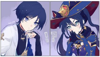 !? 1boy 1girl aqua_eyes armor artist_name black_bodysuit black_bow black_bridal_gauntlets black_choker black_gloves black_hair blue_cape blue_hat blue_kimono blue_sleeves blunt_bangs blunt_ends blush bodysuit bow bridal_gauntlets cape choker closed_mouth crescent crescent_hat_ornament curtained_hair detached_sleeves earrings elbow_gloves eyeliner eyeshadow fur_collar genshin_impact gloves gold gold_ring gold_trim hair_between_eyes hair_bow hair_intakes han'eri hand_up hat hat_bow hat_ornament highres japanese_armor japanese_clothes jewelry kimono kote kurokote layered_kimono layered_sleeves leotard long_hair looking_at_another makeup mandarin_collar middle_ring mona_(genshin_impact) open_clothes open_kimono own_hands_together parted_bangs purple_eyes purple_leotard red_eyeliner red_eyeshadow red_hat remind_lam22 scaramouche_(genshin_impact) short_sleeves shoulder_peek split_screen star_(symbol) star_choker star_earrings star_hat_ornament star_ornament star_pendant star_print steepled_fingers strapless strapless_leotard sweatdrop twintails two-sided_fabric two-sided_headwear upper_body wanderer_(genshin_impact) white_kimono white_sleeves witch_hat