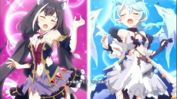 2girls animal_ears black_hair black_tail blue_background blue_eyes blue_wings blush braid braided_ponytail breasts cat_ears cat_girl cat_tail closed_eyes cygames detached_sleeves dot_nose dragon_girl dragon_wings dress fang female_focus flat_chest game_cg highres ice ice_wings japanese_text karyl_(princess_connect!) legs loli long_hair midriff miniskirt multiple_girls navel no_bra open_mouth orgasm pointy_ears princess_connect! purple_background purple_dress purple_skirt sexually_suggestive sheffy_(princess_connect!) skirt small_breasts stomach tail thighs torn_clothes torn_dress torn_skirt translation_request twin_braids very_long_hair white_dress white_skirt wings