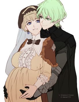 1boy 1girl artist_name black_bow black_bowtie black_cape black_hat blonde_hair blue_eyes bow bowtie breasts brown_dress cape commission couple dress earrings fire_emblem fire_emblem:_three_houses frilled_dress frills green_eyes green_hair hat hetero highres hug hug_from_behind jewelry large_breasts looking_at_another male_byleth_(awakened)_(fire_emblem) male_byleth_(fire_emblem) mercedes_von_martritz mercedes_von_martritz_(timeskip) nintendo pregnant short_hair sierra117renner simple_background twitter_username watermark white_background