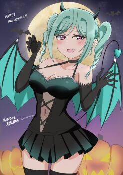 1girl absurdres aqua_hair aqua_wings bare_shoulders bat_(animal) black_choker black_dress black_horns black_thighhighs blush braid breasts character_name choker claw_pose cleavage collarbone cowboy_shot demon demon_girl demon_horns demon_tail demon_wings dress elbow_gloves fang frilled_dress frills full_moon gloves halloween hands_up happy_halloween highres horns jack-o&#039;-lantern large_breasts lone_nape_hair looking_at_viewer love_live! love_live!_superstar!! matcha_moti_(matcha_427) medium_hair moon navel night onitsuka_tomari open_mouth pink_eyes pumpkin sidelocks sleeveless sleeveless_dress smile solo tail thighhighs twin_braids twintails wings
