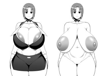 1girl amazon_(taitaitaira) breasts breasts_apart breasts_out character_request cleavage completely_nude gigantic_breasts highres huge_areolae huge_breasts large_areolae large_nipples looking_at_viewer medium_hair miniskirt monochrome neck_ribbon nude plump ribbon rio_(amazon) rio_rollins sagging_breasts simple_background skirt smile solo standing super_blackjack tagme thick_thighs thighs topless_female white_background