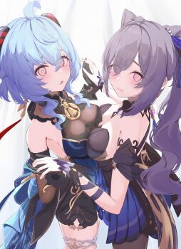 2girls @_@ absurdres ahoge black_dress black_gloves blue_hair blush breast_press breasts cleavage commentary_request detached_sleeves diamond-shaped_pupils diamond_(shape) double_bun dress elbow_gloves ganyu_(genshin_impact) ganyu_(twilight_blossom)_(genshin_impact) genshin_impact gloves goat_girl goat_horns hair_between_eyes hair_bun hair_ornament highres horns jewelry keqing_(genshin_impact) keqing_(opulent_splendor)_(genshin_impact) long_sleeves looking_at_viewer medium_breasts moni_(moni7475) multiple_girls official_alternate_costume official_alternate_hairstyle open_mouth paid_reward_available parted_lips pink_eyes purple_eyes purple_hair sleeveless sleeveless_dress smile strapless strapless_dress symbol-shaped_pupils symmetrical_docking yuri