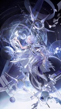 1girl absurdres chinese_commentary commentary_request dress from_side full_body grey_hair hand_up high_heels highres jacket long_hair mornye_(wuthering_waves) planet purple_dress qian_jiang_yue_de_li_ji red_eyes see-through_body solo tacet_mark_(wuthering_waves) white_jacket wide_shot wuthering_waves