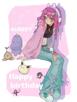 1girl 65rikachan aubrey_(birthday)_(omori) aubrey_(faraway)_(omori) aubrey_(omori) blue_bow blue_eyes blush bow braid breasts cardigan character_charm charm_(object) closed_mouth commentary_request crop_top denim forest_bunny?_(omori) forest_bunny_(omori) hair_bow hair_ornament hairclip happy_birthday jeans long_hair looking_at_viewer low_twin_braids mr._plantegg_(omori) navel official_alternate_costume official_alternate_hairstyle omori omori_(omori) open_cardigan open_clothes pants parallel_hairclips pink_cardigan pink_hair small_breasts solo something_(omori) sprout_mole stuffed_eggplant torn_clothes torn_jeans torn_pants twin_braids