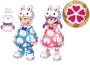 1boy 2girls animal_ear_headwear animal_ears animal_hat animal_print animal_slippers aqua_eyes arms_at_sides asgard bf._(sogogiching) blonde_hair blue_pajamas blue_pants blue_pupils blush bow buttoned_cuffs buttons clenched_hand closed_mouth collared_dress collared_pajamas crossover dress fake_animal_ears hair_bow hair_ribbon hat legs_apart low_twintails medium_hair multiple_girls nexon nightgown official_art pajamas pants petticoat pink_dress production_art purple_eyes purple_hair purple_pupils rabbit_ears rabbit_hat rabbit_print red_ribbon ribbon sailor_collar second-party_source shield short_hair simple_background sleeve_cuffs slippers smile standing twintails usadango white_background white_sailor_collar white_slippers