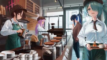 4girls absurdres apron atsuko_(blue_archive) barista black_necktie blue_archive blue_eyes blue_hair bocchi_(kuropom7) bottle breasts brown_eyes brown_hair brown_hat cabinet cafe closed_eyes coffee coffee_beans coffee_grinder coffee_maker coffee_pot collared_shirt counter cup disposable_cup door dress_shirt food green_apron green_eyes green_hair hair_over_one_eye hat high_ponytail highres hiyori_(blue_archive) holding holding_kettle holding_tray indoors jacket jacket_on_shoulders kettle large_breasts long_hair looking_down low-tied_long_hair menu_board misaki_(blue_archive) multiple_girls necktie peaked_cap pink_hair plate ponytail saori_(blue_archive) shirt short_hair short_necktie sidelocks tray white_shirt window