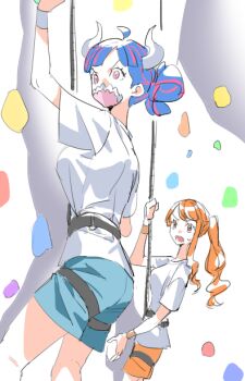 Rule 34 | 2girls, ahoge, alternate costume, alternate hairstyle, blue hair, blue shorts, breasts, brown eyes, climbing, commentary, feet out of frame, harness, high ponytail, holding, holding rope, horns, long hair, looking to the side, mask, medium breasts, mouth mask, multiple girls, nami (one piece), one piece, open mouth, orange hair, pink eyes, ponytail, raine (acke2445), rope, shirt, short sleeves, shorts, single sidelock, sweatdrop, symbol-only commentary, ulti (one piece), white shirt, wristband