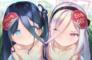 2girls aris_(blue_archive) blue_archive blue_eyes closed_mouth halo highres kei_(blue_archive) loli long_hair looking_at_viewer moemaru multiple_girls nipples smile