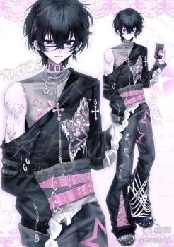 1boy absurdres belt belt_buckle black_hair buckle cameo cellphone_charm chain chain_necklace character_charm charm_(object) choker commission cross cross_necklace denim fashion full_body girly_boy grey_eyes hair_between_eyes highres jeans jewelry layered_clothes long_sleeves looking_at_viewer male_focus mcbling mihuashi_commission multiple_belts my_melody my_melody_(series) necklace off-shoulder_shirt off_shoulder original pants pendant pink_belt print_pants sanrio shirt short_hair shoulder_tattoo si_bi_kuai_hua_a sleeve_zipper smile solo_focus star-shaped_buckle star_(symbol) star_necklace star_print tattoo y2k_fashion yabi_fashion zipper zoom_layer