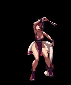 1girl animated animated_gif artist_request bare_shoulders bouncing_breasts breasts brown_eyes brown_hair chinese_clothes cleavage curvy fan fatal_fury hair_ribbon large_breasts pixel_art ponytail ribbon shiranui_mai smile smug snk solo the_king_of_fighters thick_thighs thighs wide_hips wristband