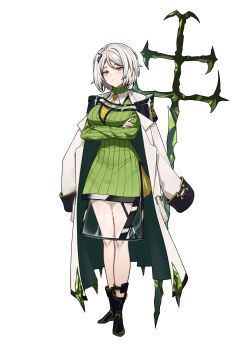 1girl absurdres black_boots blue_eyes boots breasts crossed_arms faust_(project_moon) full_body green_sweater hashtag-only_commentary highres jacket jacket_on_shoulders large_breasts limbus_company looking_at_viewer necktie project_moon simple_background solo standing sweater turtleneck turtleneck_sweater white_background white_hair white_jacket yaza_(@n9llam_9240) yellow_necktie