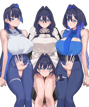 4girls absolute_cinema_(meme) absurdres annoyed apron arms_between_legs between_thighs black_dress black_shirt blue_eyes blue_hair blue_necktie blue_pants blue_shirt blunt_bangs braid breasts cleavage_cutout closed_mouth clothing_cutout collared_shirt colored_inner_hair commentary cowboy_shot crop_top daaku_(koizumi_arata) denim double-parted_hair dress embarrassed embroidered_dress empire_waist fanged_bangs hair_between_eyes hair_intakes hair_over_shoulder hashtag-only_commentary head_between_thighs high-waist_pants highres hololive hololive_english jeans jellyfish_cut large_breasts light_blush long_bangs long_hair long_sleeves looking_at_another looking_at_viewer looking_down low_twin_braids maid maid_apron meme multicolored_hair multiple_girls multiple_persona necktie official_alternate_costume official_alternate_hair_length official_alternate_hairstyle ouro_kronii ouro_kronii_(1st_costume) ouro_kronii_(4th_costume) ouro_kronii_(casual) ouro_kronii_(maid) pants parody pinstripe_pattern pinstripe_shirt puritan_collar scowl shirt short_hair simple_background sleeveless sleeveless_shirt sleeveless_sweater smile sweater sweater_tucked_in turtleneck twin_braids underboob very_long_hair victorian_maid virtual_youtuber white_apron white_background white_sweater