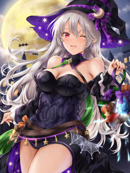1girl bare_shoulders belt black_dress black_hat blush breasts brown_belt cleavage commentary_request detached_collar detached_sleeves dress female_corrin_(fire_emblem) female_corrin_(halloween)_(fire_emblem) fire_emblem fire_emblem_fates fire_emblem_heroes grey_hair halloween halloween_costume hat highres kei_(asufend) long_hair looking_at_viewer medium_breasts moon multiple_belts night night_sky nintendo official_alternate_costume one_eye_closed pointy_ears red_eyes sky solo witch_hat