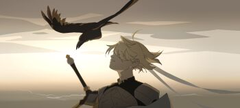 Rule 34 | 12daze, 1boy, absurdres, ahoge, armor, astlibra revision, bird, blonde hair, chinese commentary, cloud, cloudy sky, commentary request, crow, headband, highres, kharon (astlibra), muted color, parted lips, protagonist (astlibra), sky, sword, weapon, white armor, white headband