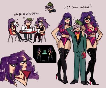 1boy 2girls bag boots bow bowtie chair chibi chopsticks closed_eyes cyborg domino_mask eating english_text eye_mask f-zero f-zero_x formal_clothes green_hair hand_on_another&#039;s_shoulder hand_on_own_hip high_heel_boots high_heels highres long_hair mask monkii_(mjooolnina) mr._zero_(f-zero) multiple_girls nintendo open_mouth plastic_bag purple_hair red_background red_lips reference_inset sitting smile suit sweat table thigh_boots wavy_hair