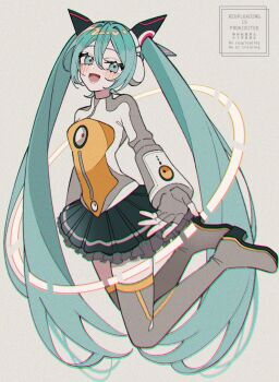 1girl blue_eyes blue_hair blush boots commentary_request fingerless_gloves floating frilled_skirt frills full_body gloves hair_ornament hatsune_miku hatsune_miku_(heartbeat) headphones highres jacket long_hair long_sleeves maca1227 odds_&amp;_ends_(vocaloid) open_mouth pleated_skirt project_diva_(series) reaching reaching_towards_viewer skirt smile solo thigh_boots twintails very_long_hair watermark