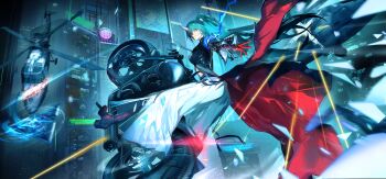 Rule 34 | 1girl, absurdres, aircraft, aqua hair, arknights, blue fire, boots, building, character name, chinese commentary, city, closed mouth, commentary request, fire, gloves, green eyes, hakama, hakama pants, hannya (arknights), haruka (arknights), helicopter, high heel boots, high heels, high ponytail, highres, horns, hoshiguma (arknights), hoshiguma the breacher (arknights), igawa hikaru, japanese clothes, long hair, looking at viewer, midair, midriff, motor vehicle, motorcycle, official alternate costume, on motorcycle, outdoors, pants, ponytail, red gloves, single horn, skin-covered horns, solo, white hakama