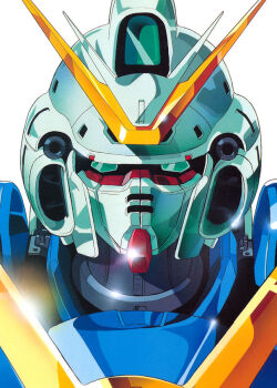 Rule 34 | 1990s (style), blue eyes, commentary request, earth federation, glint, gundam, katoki hajime, looking at viewer, magazine scan, mecha, mecha focus, mobile suit, no humans, official art, painting (medium), portrait, promotional art, retro artstyle, robot, scan, science fiction, traditional media, v-fin, v2 gundam, victory gundam, white background