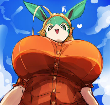 1girl absurdres animal_ears blonde_hair blue_eyes boku_no_hero_academia breasts colored_skin curvy eyelashes furrowed_brow furry furry_female green_skin highres ippan_josei large_breasts looking_down low_angle multicolored_skin open_mouth orange_shirt shirt smile two-tone_skin upper_body