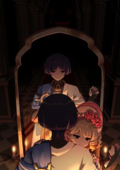 absurdres against_mirror black_eyes blonde_hair candle different_reflection drill_hair flower_in_eye genshin_impact highres looking_at_mirror makeup mirror pippicetta reflection scaramouche_(genshin_impact) symbol_in_eye wanderer_(genshin_impact)