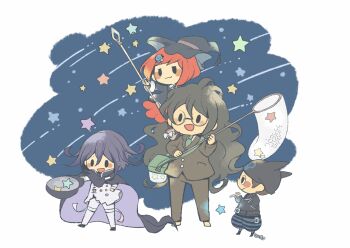 1girl 3boys :3 barefoot beanie belt belt_buckle black_belt black_cloak black_eyes black_hair black_hat black_jacket black_pants black_shoes blazer blue_gem blue_pants blunt_ends blush_stickers bob_cut border brown_belt brown_hair brown_jacket brown_pants brown_suit buckle bug_cage business_suit butterfly_net buttons chibi cigarette cloak closed_mouth collared_cloak collared_jacket collared_shirt commentary_request cuffs danganronpa_(series) danganronpa_v3:_killing_harmony denim dot_nose double-breasted dress_pants dress_shoes fake_horns floating_clothes formal_clothes gem gem_hair_ornament glasses gokuhara_gonta green_necktie grey-framed_eyewear grey_shirt hair_between_eyes hair_ornament hairclip half-closed_eyes hand_in_pocket hand_net hand_on_own_hip happy hat hat_belt height_difference high_collar hitofutarai holding holding_butterfly_net holding_cigarette holding_staff holding_unworn_clothes holding_unworn_hat horned_headwear horns hoshi_ryoma jacket jeans lapel_pin lapels leather leather_jacket legs_apart long_hair long_hair_between_eyes long_sleeves looking_at_another looking_at_object messy_hair meteor_shower miniskirt multicolored_buttons multiple_boys necktie night notched_lapels oma_kokichi open_belt open_clothes open_jacket open_mouth outdoors outside_border pants peaked_cap pleated_skirt print_headwear prison_clothes puffy_pants purple_cloak purple_hair red_hair red_skirt round_eyewear shackles shirt shoes shooting_star short_hair single_ankle_cuff skirt sleeve_cuffs smile solid_oval_eyes staff standing star_(symbol) suit thigh_belt thigh_strap torn_clothes torn_jeans torn_pants two-sided_cloak two-sided_fabric two-tone_pants unworn_hat unworn_headwear very_long_hair white_belt white_border white_jacket white_pants wind witch_hat yumeno_himiko zipper