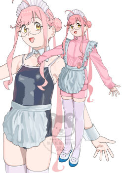 1girl absurdres ahoge alternate_costume apron detached_collar glasses hair_bun highres jacket jersey_maid kantai_collection long_hair long_sleeves looking_at_viewer maid maid_headdress makigumo_(kancolle) multiple_views ojipon one-piece_swimsuit open_mouth pink_hair pink_jacket pink_shorts shoes shorts sidelocks simple_background sleeves_past_wrists standing swimsuit thighhighs track_jacket twintails unconventional_maid uwabaki waist_apron watermark white_background wrist_cuffs yellow_eyes
