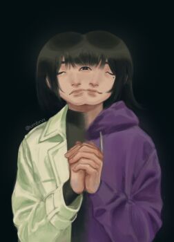 2girls black_hair black_shirt bob_cut coat dual_persona extra_eyes frown han_sooyoung highres hood hood_down hoodie looking_at_viewer multiple_expressions multiple_girls omniscient_reader&#039;s_viewpoint open_clothes open_coat own_hands_clasped own_hands_together purple_hoodie shirt short_hair smile split_screen umbrvx upper_body white_coat