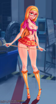 1girl big_hero_6 breasts breasts_out cleft_of_venus female_focus front-tie_top g-string glasses green_eyes hairband highres honey_lemon indoors large_breasts lm_(legoman) long_legs microskirt miniskirt narrow_waist navel nipples orange_hair panties panty_pull platform_footwear pussy school_uniform skirt smile solo standing thong uncensored underwear vintem