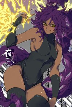 1girl alternate_breast_size_(smaller) bare_shoulders black_leotard black_thighhighs bleach bleach:_sennen_kessen-hen breasts collarbone dark-skinned_female dark_skin electricity female_focus hair_ears hair_ornament leotard long_hair ponytail purple_hair scary_stories_collection shihouin_yoruichi small_breasts smile thighhighs thighs very_long_hair yellow_eyes