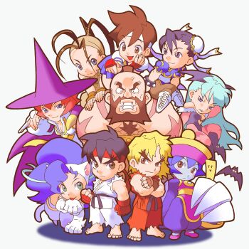 3boys 6+girls absurdres animal_ears animal_hands animal_print bat_(animal) bat_print bat_wings black_hair blonde_hair blue_eyes blue_hair blue_skin boots breasts brown_eyes brown_hair bun_cover capcom cape cat_ears cat_girl cat_tail chibi china_dress chinese_clothes chun-li cleavage colored_skin company_connection crossed_arms crossed_legs crossover darkstalkers double_bun dress everyone felicia_(darkstalkers) fingerless_gloves game_cg gloves green_hair hair_bun hand_on_another&#039;s_shoulder hat head_wings headband highres hsien-ko ibuki_(street_fighter) kasugano_sakura ken_masters long_hair maeda_shima medium_breasts mei-ling_(darkstalkers) morrigan_aensland multiple_boys multiple_girls muscular night ninja non-web_source official_art pantyhose pocket_fighter poking_head print_pantyhose red_eyes red_hair ryu_(street_fighter) sailor_collar school_uniform serafuku short_hair simple_background sitting sitting_on_person skirt smile street_fighter tabasa tail thighhighs white_background white_boots wings witch zangief