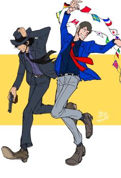 Rule 34 | 2boys, american flag, arsene lupin iii, beard, black hair, black necktie, blue jacket, brazilian flag, brown hair, brown shoes, canadian flag, facial hair, flag, formal clothes, french flag, full body, german flag, gun, highres, holding, holding flag, holding gun, holding weapon, italian flag, jacket, japanese flag, jigen daisuke, lupin iii, male focus, michio (hara78994098), multiple boys, necktie, one eye closed, people's republic of china flag, red necktie, running, shoes, short hair, sideburns, signature, smile, south korean flag, suit, swedish flag, union jack, weapon