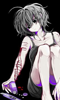1girl absurdres barefoot black_eyes black_shorts black_tank_top bleeding blood boxcutter commentary drugs full_body head_tilt highres knees_up light_frown looking_to_the_side n_neko_mizu original overdose pill_bottle scar scar_on_leg self-harm shorts symbol-only_commentary tank_top thigh_cutting wolf_cut wrist_cutting