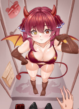 Rule 34 | 1girl, bikini, black gloves, black thighhighs, blush, breasts, cleavage, closed mouth, commentary request, demon girl, demon horns, demon tail, doorway, elbow gloves, fang, gloves, hair ribbon, hand on own hip, heterochromia, highres, hololive, horns, houshou marine, houshou marine (summer), indoors, large breasts, long hair, looking at viewer, official alternate costume, red bikini, red eyes, red ribbon, ribbon, rorol reime, skin fang, solo, swimsuit, tail, thighhighs, twintails, virtual youtuber, yellow eyes